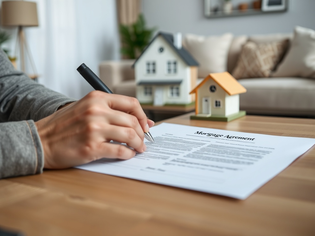 Человек подписывает ипотечное соглашение на столе рядом с миниатюрами домов.