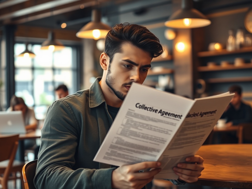 Молодой человек читает договор на столе в кафе, вокруг другие посетители, которые работают за ноутбуками.