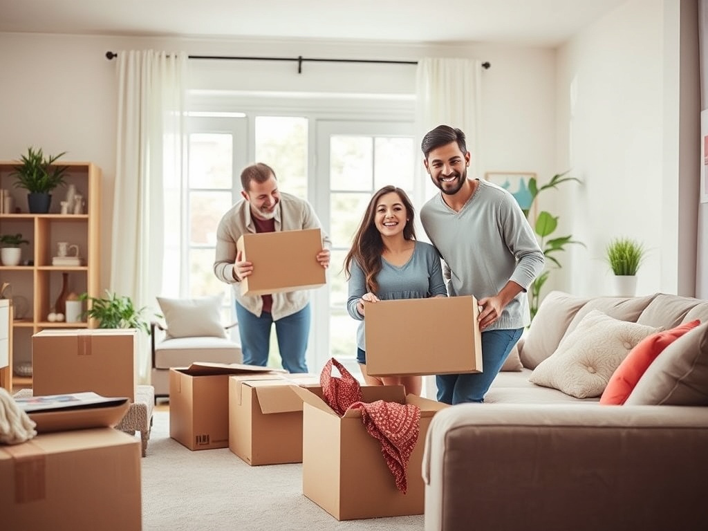 Трое людей в комнате подходят с коробками, рядом с ними много нераспакованных коробок. Атмосфера радости.