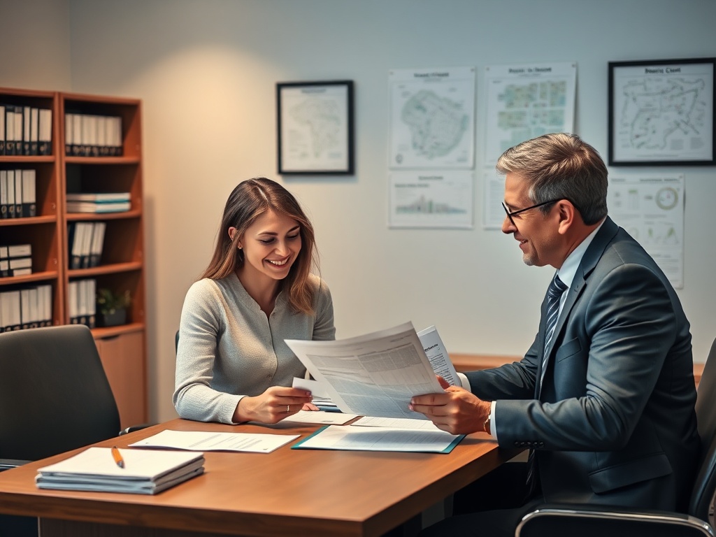 В офисе мужчина и женщина обсуждают документы, улыбаются и обмениваются идеями за столом.