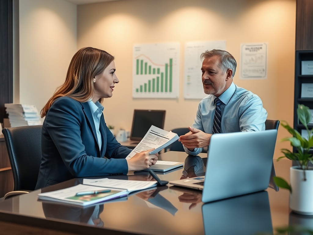 Два человека в офисе обсуждают документы и деловые вопросы за столом с ноутбуком и графиками на стене.