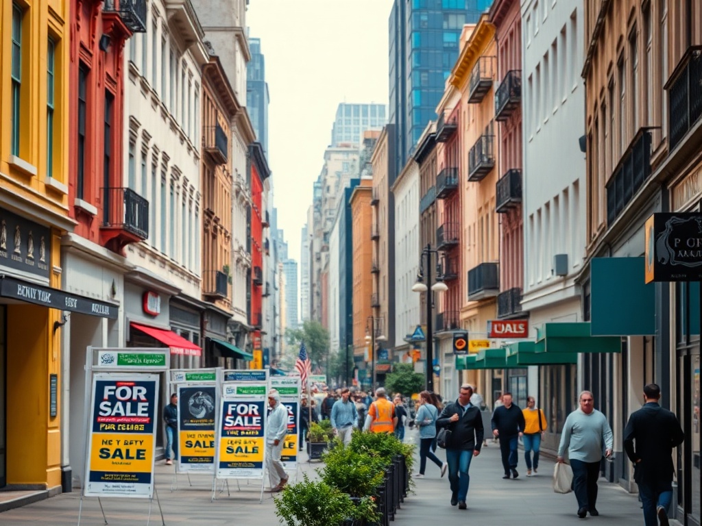 Улица с магазинами и объявлениями о продаже, люди гуляют по тротуару в городе.