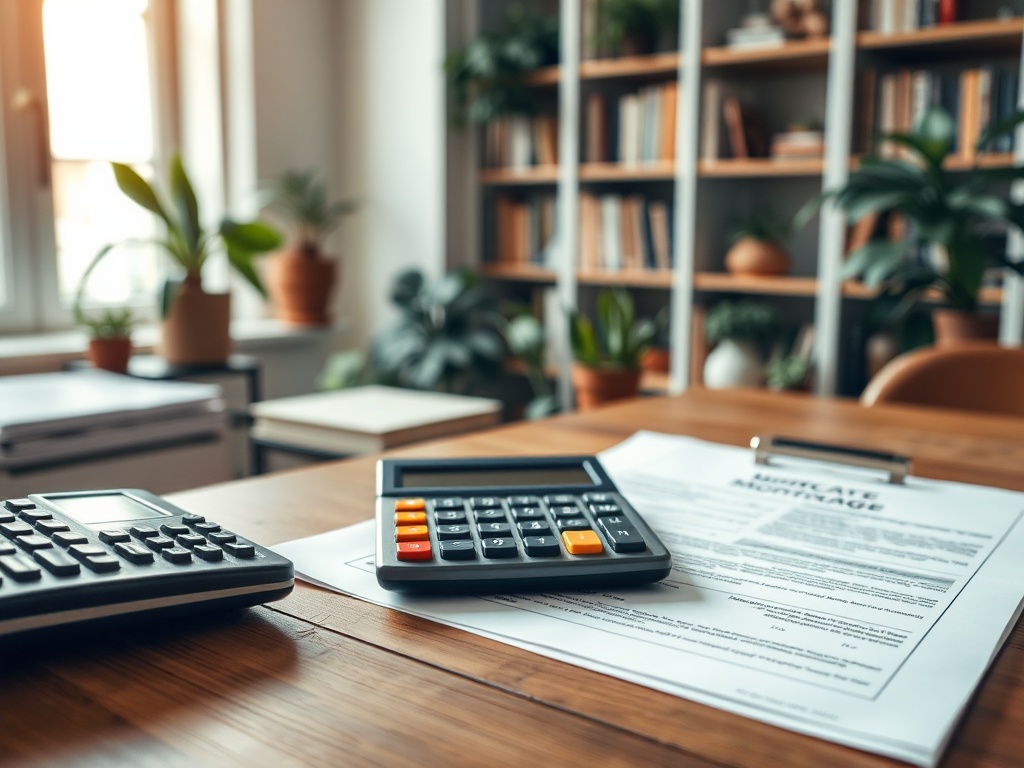 Рабочий стол с калькуляторами и документами по ипотечным кредитам, на фоне зелёных растений и книжного шкафа.