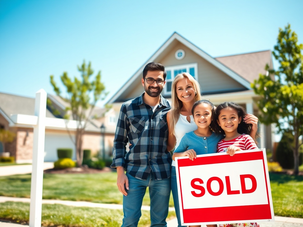 Семья позирует у нового дома с вывеской «Продано» на фоне ясного голубого неба.