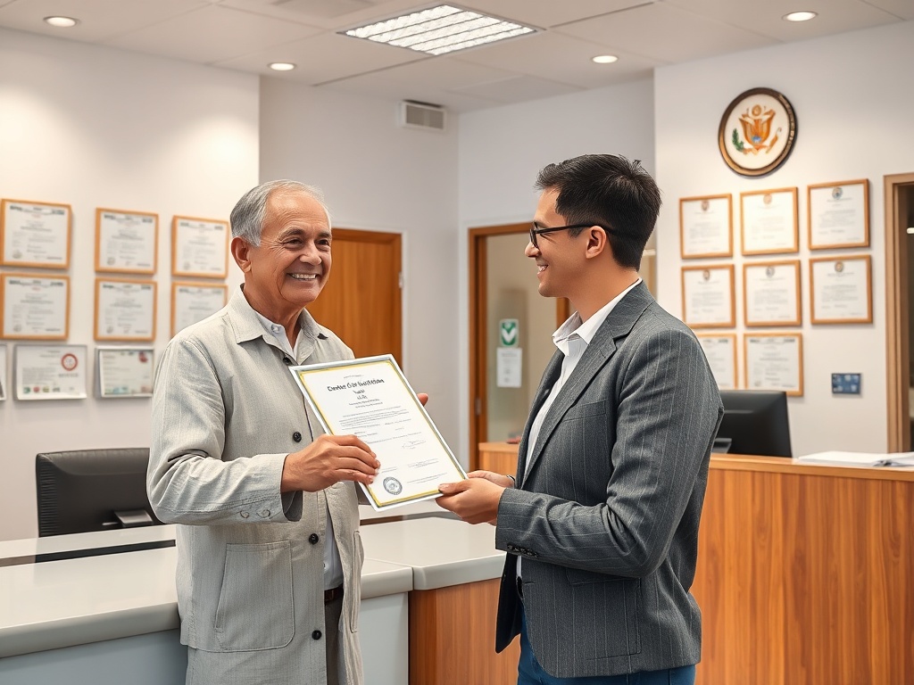 На фото два человека, один из которых вручает сертификат другому в офисе. Атмосфера радостная и деловая.