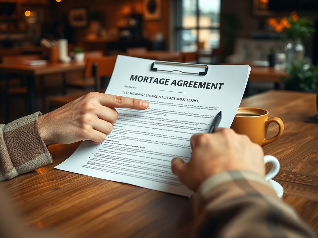 На столе лежит ипотечный договор, на котором человек указывает пером важные детали. Рядом стоит чашка кофе.