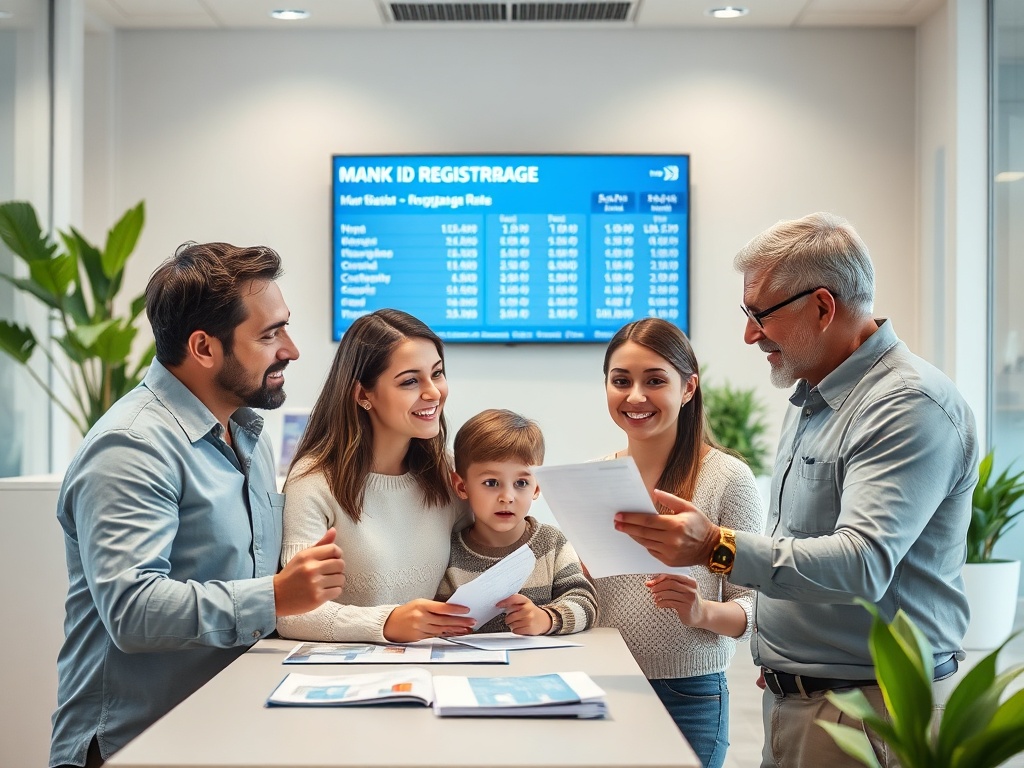 Семья обсуждает документы в офисе, на фоне экран с информацией об регистрации и ипотечными ставками.