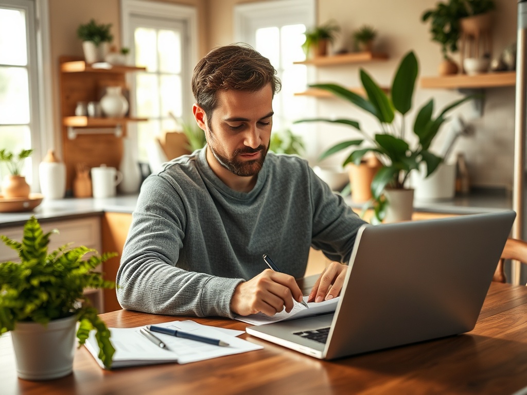 Мужчина работает за столом в уютной кухне, пишя в блокноте и используя ноутбук. Растения на заднем плане.