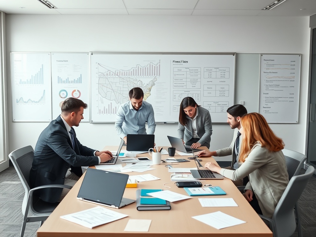 На фото группа из пяти человек в деловых костюмах, работающих за столом в офисе. На стене графики.