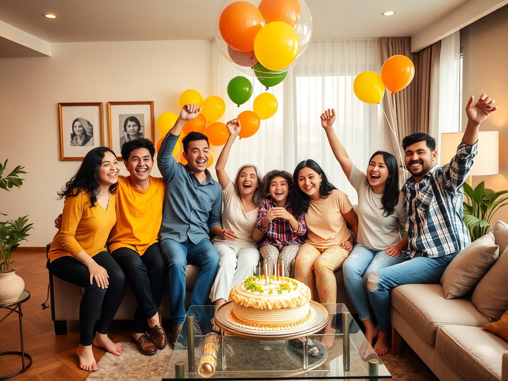 Группа людей празднует день рождения, сидя на диване с тортом и цветными шарами. Все улыбаются.